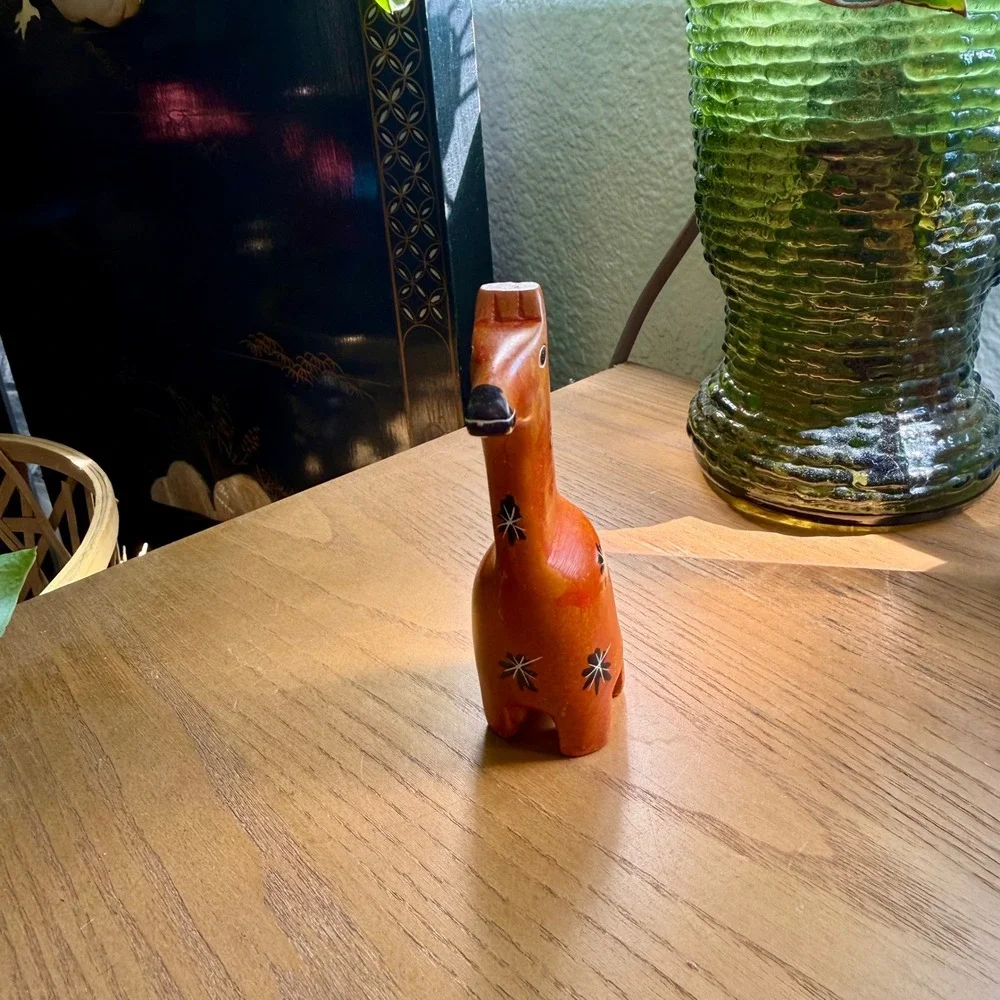 Kenyan Soapstone Giraffe Figurine Folk Art Orange Painted Floral